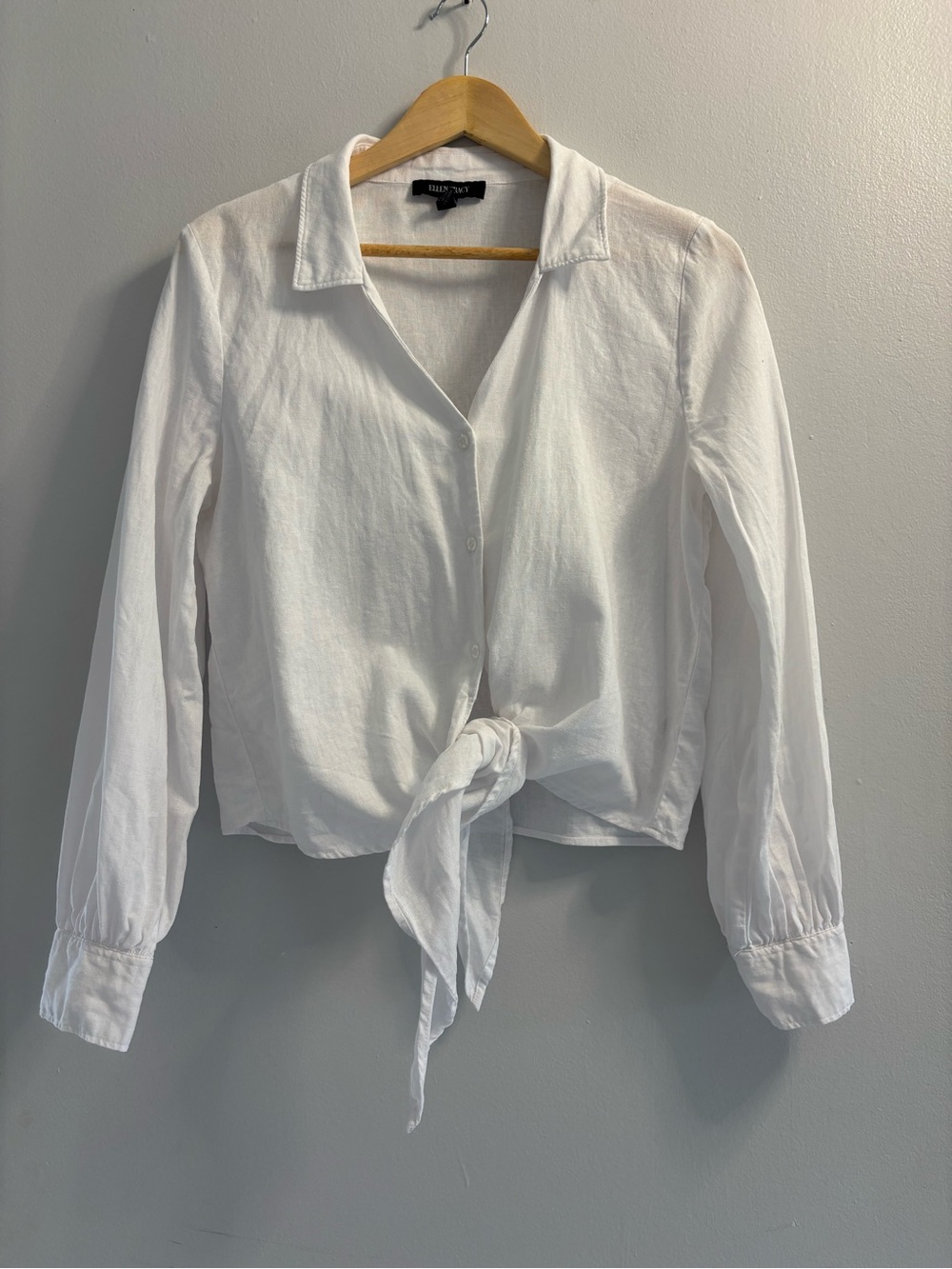 Ellen Tracy White Linen Blend Tie Front Shirt Blouse Long Sleeve Button Up Sz M - Picture 3 of 10